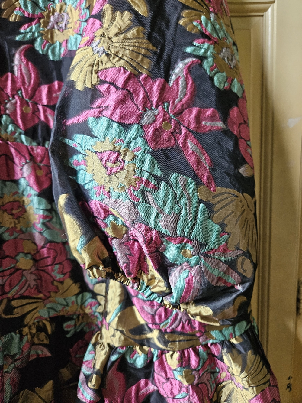 Anthropologie Floral Tiered Midi Dress in Black, Pink, Teal & Gold - Picture 4 of 7